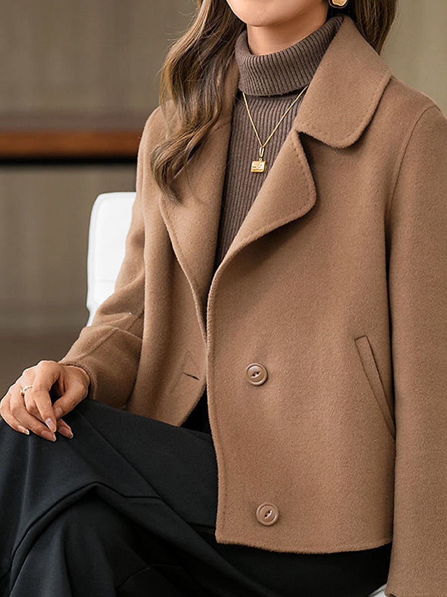 Women's Coat Winter Short Coat Fall Warm Notch Lapel Wool Coat Windproof Pea Coat with Pockets Loose Fit Modern Style Casual Trendy Jacket Long Sleeve
