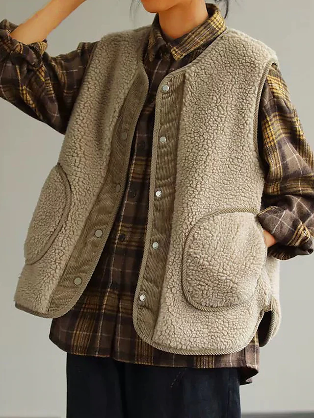 Women's Teddy Vest Winter Fleece Lined Sherpa Jacket Fall Sleeveless Gilet with Pocket Fleece Single Breasted Crewneck Warm Windproof Outerwear