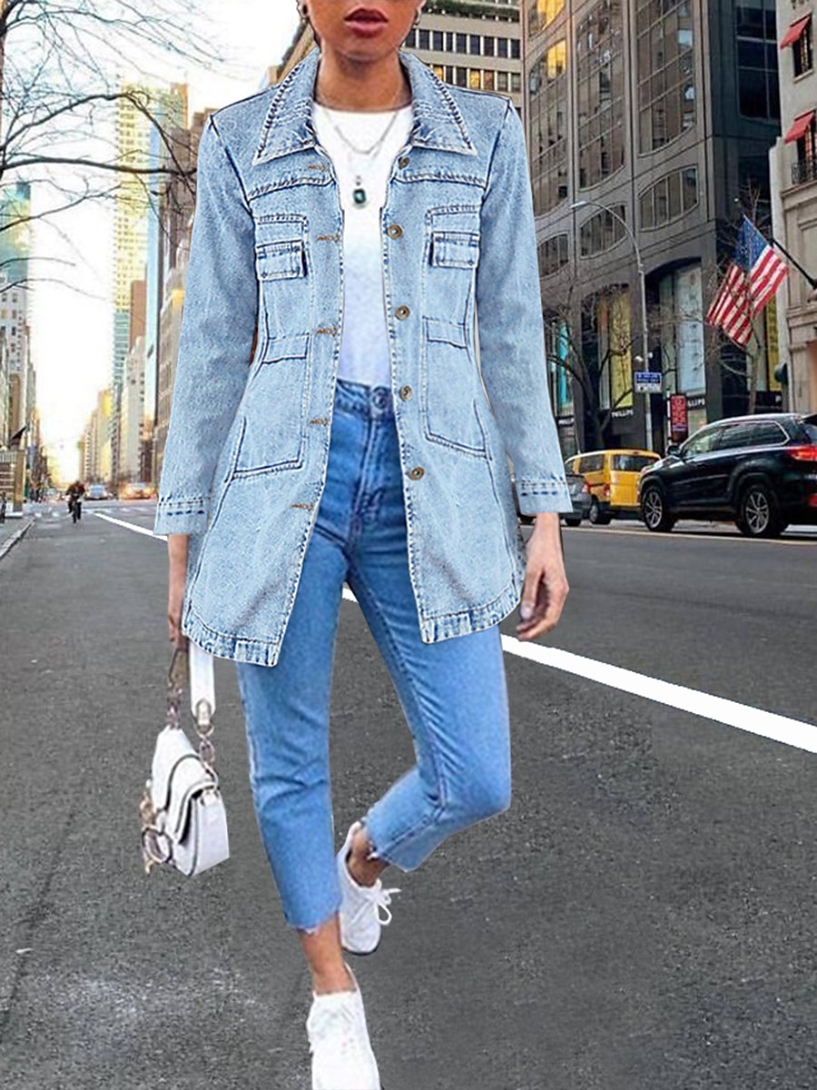 Women's Denim Jacket Outdoor Street Daily Spring Fall Long Coat Regular Fit Breathable Casual Jacket Long Sleeve