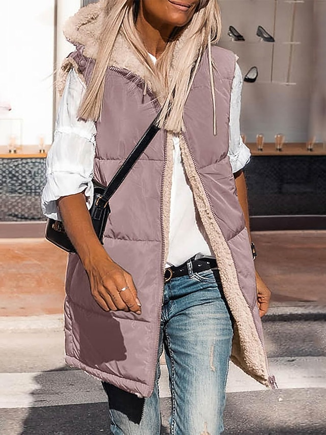 Women's Puffer Vest Winter Long Teddy Parka with Hood Reversible Fleece Sleeveless Warm Windproof Street Daily Wear with Pockets Fall Zip up Coat Comtemporary Stylish Jacket