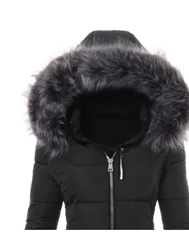 Women's Puffer Jacket Winter Jacket Winter Coat Comfortable Casual Daily Casual Daily Weekend Fur Collar Fleece Lined Zipper Hoodie Daily Comtemporary Stylish Simple Solid Color Regular Fit Outerwear