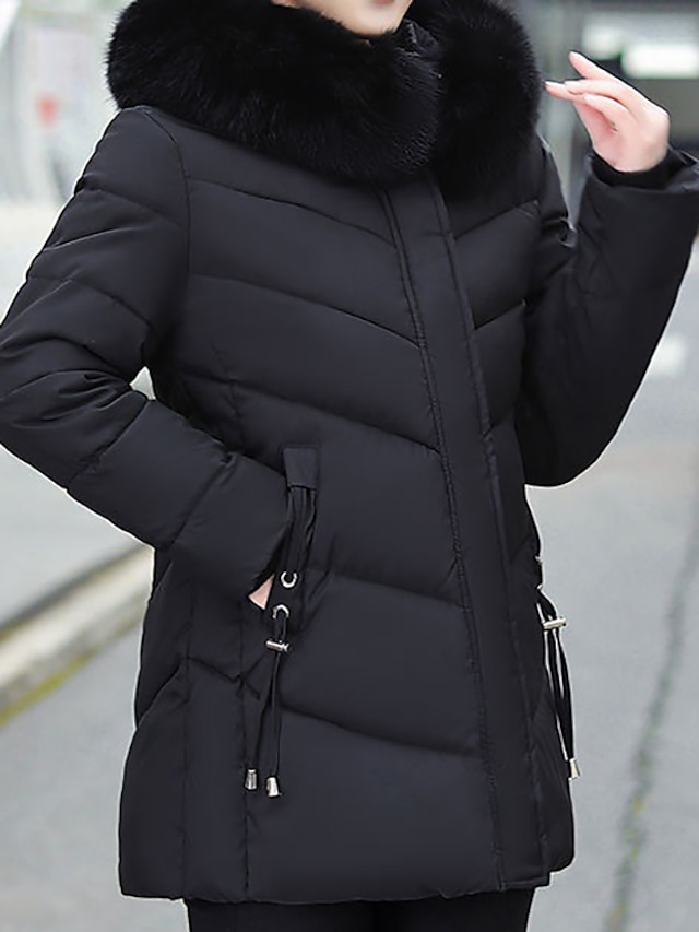 Women's Parka Long Puffer Jacket Winter Coat Thermal Warm Heated Coat with Fur Collar Hood Zipper Windproof Coat with Pockets Drawstring Outerwear