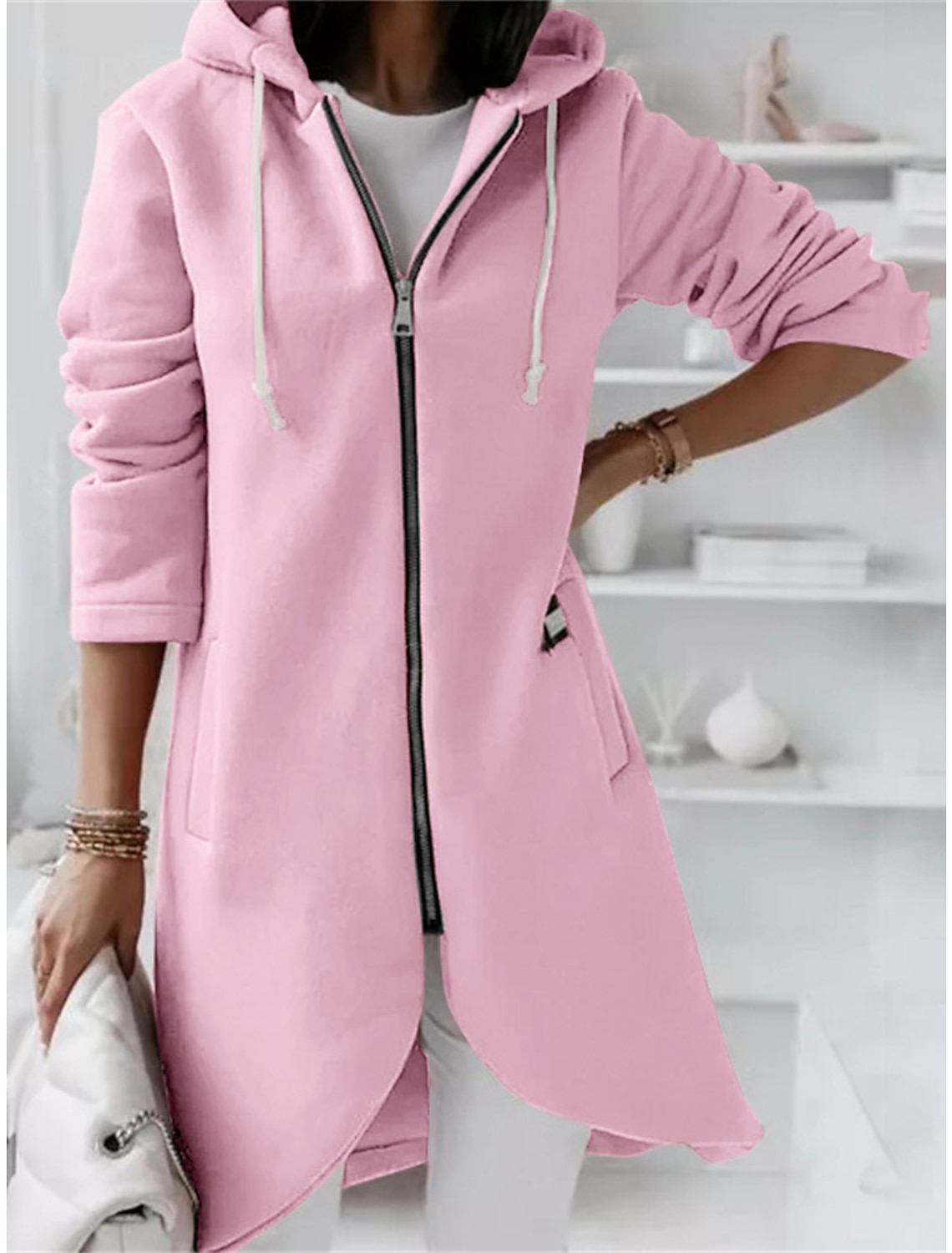 Women's Hoodie Jacket Fall Long Coat Windproof Warm Overcoat with Pocket Zipper Sport Drawstring Casual Minimalism Outerwear Long Sleeve