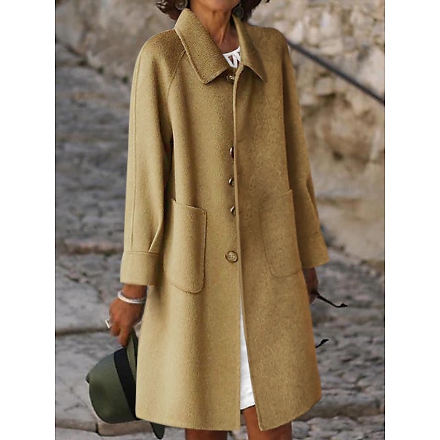 Women's Winter Coat Long Overcoat Single Breasted Lapel Pea Coat Thermal Warm Windproof Trench Coat with Pockets Elegant Outerwear Fall Outerwear Long Sleeve