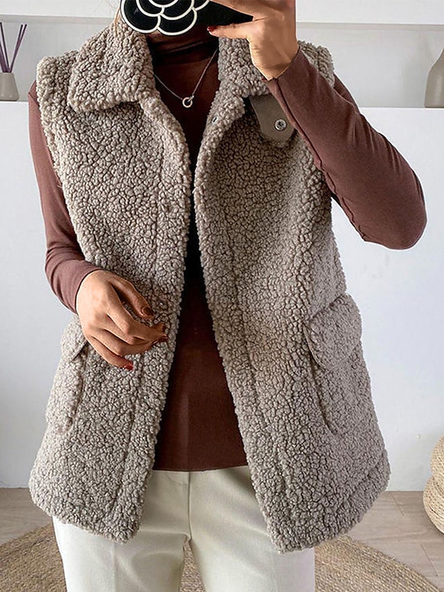 Women's Teddy Vest Winter Sherpa Jacket Winter Crop Coat with Pockets Regular Fit Windproof Warm Stylish Modern Style Plush Jacket Sleeveless Plain Khaki Beige Coffee