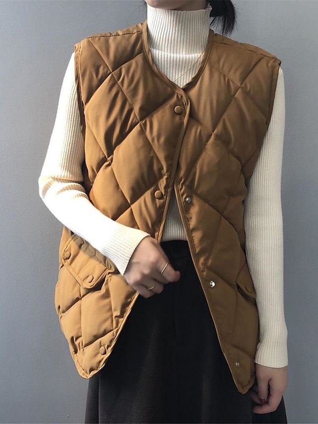 Women's Quilted Vest Winter Coat Warm Windproof Gilet with Pocket Single Breasted Sleeveless Parka Casual Plain Outerwear Fall Black Yellow Beige Lightweight