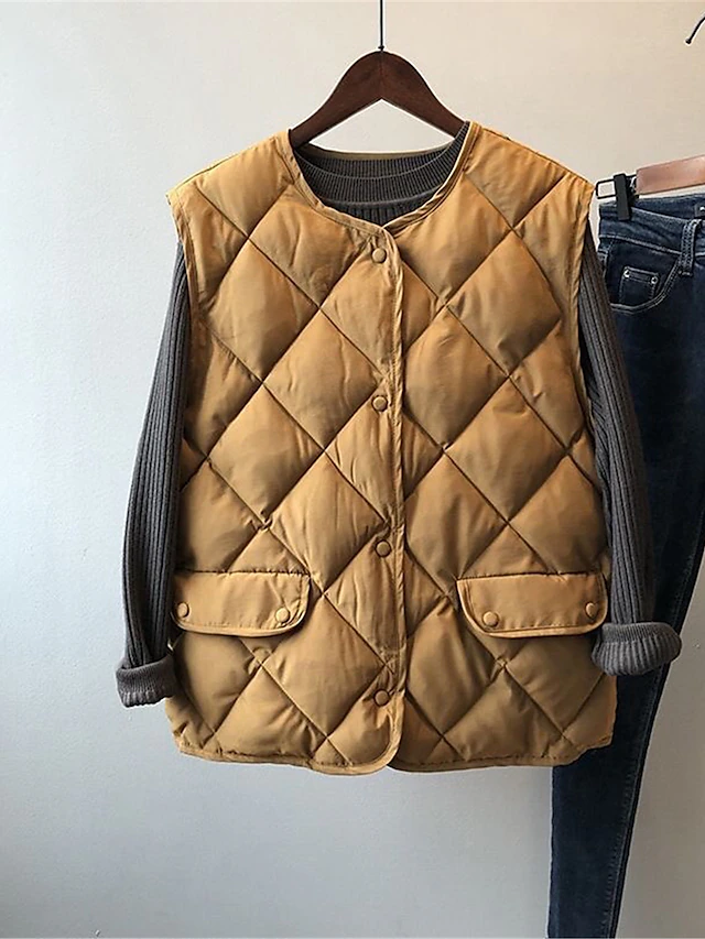 Women's Quilted Vest Winter Coat Warm Windproof Gilet with Pocket Single Breasted Sleeveless Parka Casual Plain Outerwear Fall Black Yellow Beige Lightweight