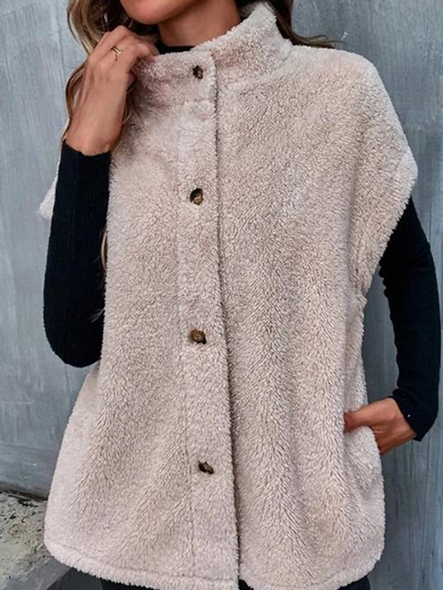 Women's Teddy Vest Fall Fleece Sleeveless Sherpa Jacket Winter Lightweight Thermal Warm Windproof Coat Stand Collar Casual Street Jacket