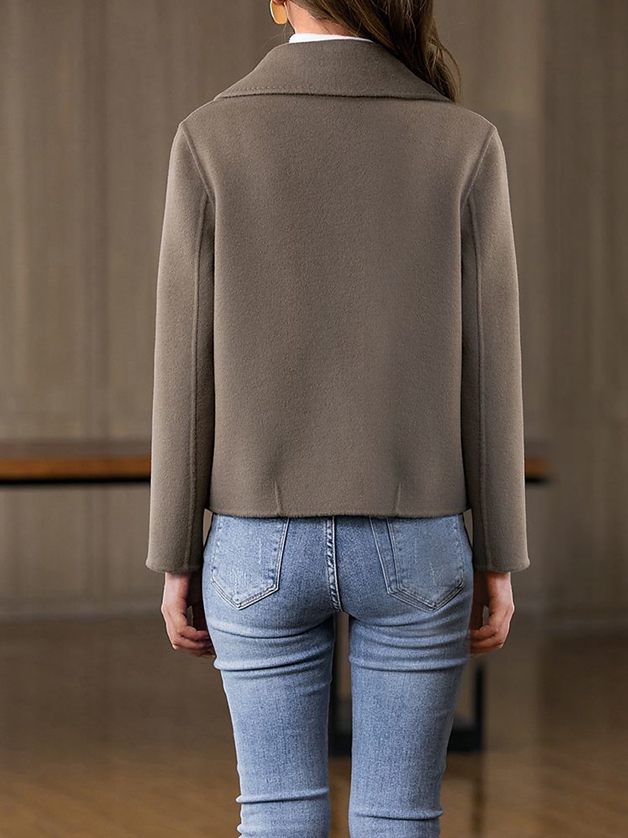 Women's Coat Winter Short Coat Fall Warm Notch Lapel Wool Coat Windproof Pea Coat with Pockets Loose Fit Modern Style Casual Trendy Jacket Long Sleeve