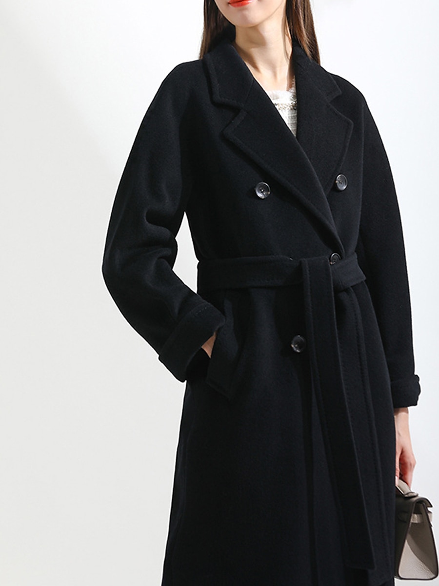 Women's Wool Blend Coat Winter Long Overcoat Double Breasted Notched Lapel Pea Coat Fall Windproof Warm Trench Coat Jacket with Pockets Oversized Fashion Daily Casual Street Outerwear Long Sleeve