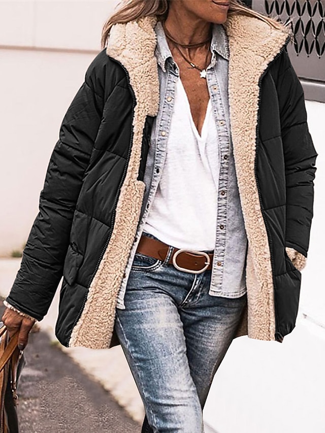 Women's Parka Fleece Puffer Jacket Winter Coat Zip up Hooded Coat Thermal Warm Heated Coat Fall Brown Maillard Cropped Outerwear Warm Classic Long Sleeve