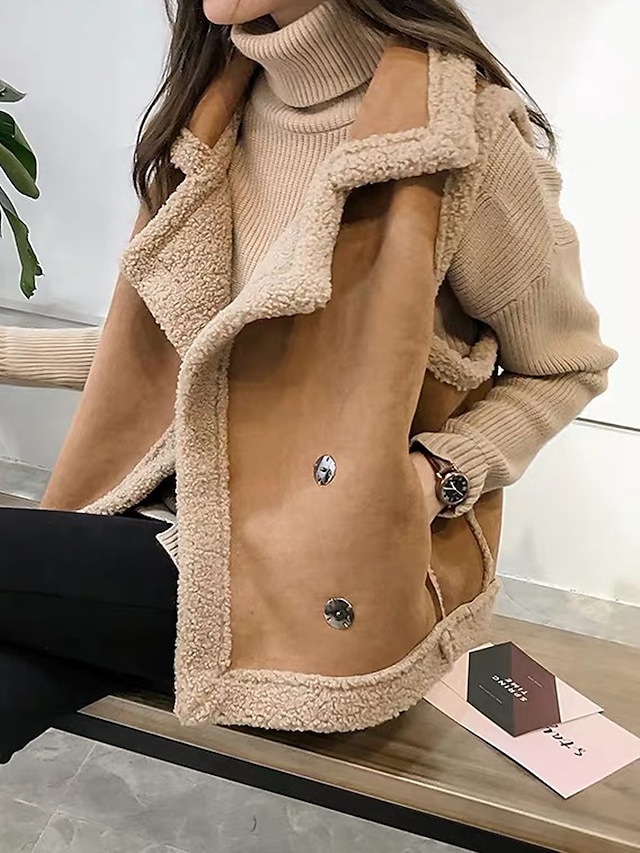 Women's Suede Vest Shearling Vest Fleece Lined Teddy Gilet Sleeveless Sherpa Jacket Winter Coat Fall Warm Windproof Lapel Coat Casual Street Plain Khaki Beige Gray