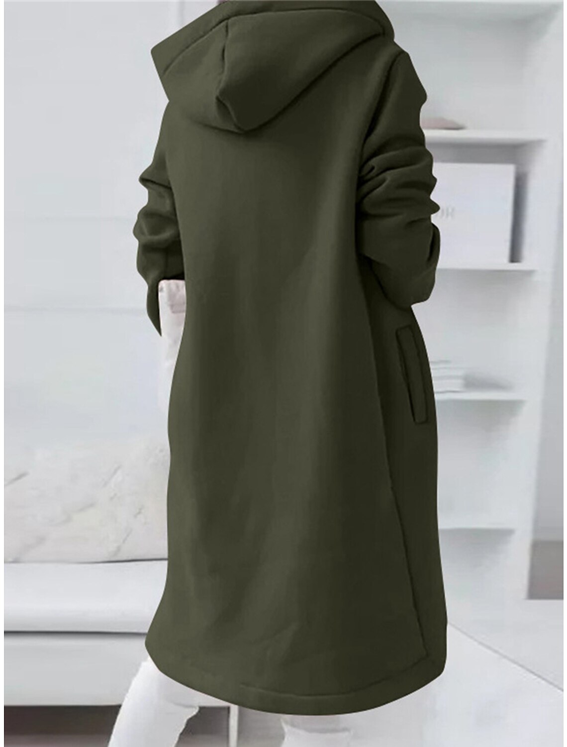 Women's Hoodie Jacket Fall Long Coat Windproof Warm Overcoat with Pocket Zipper Sport Drawstring Casual Minimalism Outerwear Long Sleeve