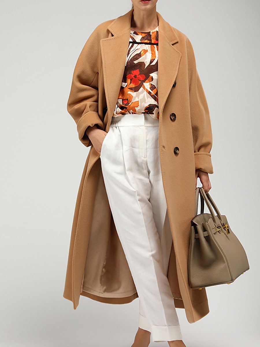 Women's Wool Blend Coat Winter Long Overcoat Double Breasted Notched Lapel Pea Coat Fall Windproof Warm Trench Coat Jacket with Pockets Oversized Fashion Daily Casual Street Outerwear Long Sleeve