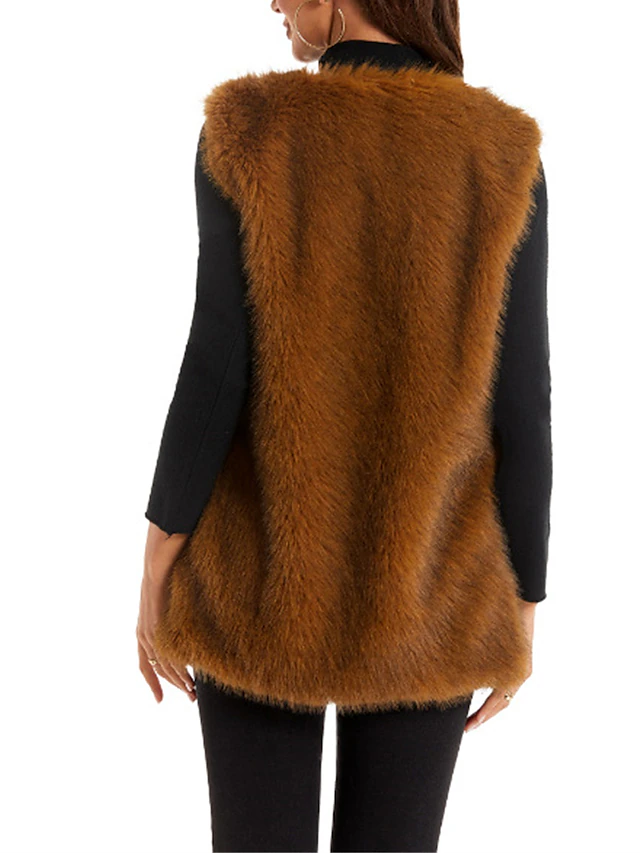Women's Faux Fur Vest Mink Fur Vest Winter Fleece Gilet Fall Windproof Warm Sleeveless Coat Open Front Jacket Outerwear Brown