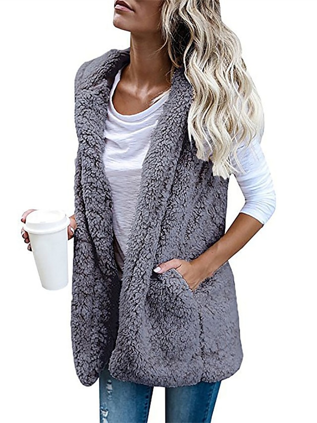 Women's Teddy Vest Warm Cream Teddy Coat with Hood Long Sherpa Jacket with Pocket Cardigan Hoodie Fashion Daily Casual Plain Outerwear Sleeveless