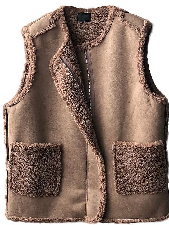 Women's Shearling Vest Fleece Teddy Vest Reversible Sherpa Jacket Winter Coat Warm Windproof Gilet Zipper Fleece Lined Sleeveless Jacket Outerwear Fall Black Coffee