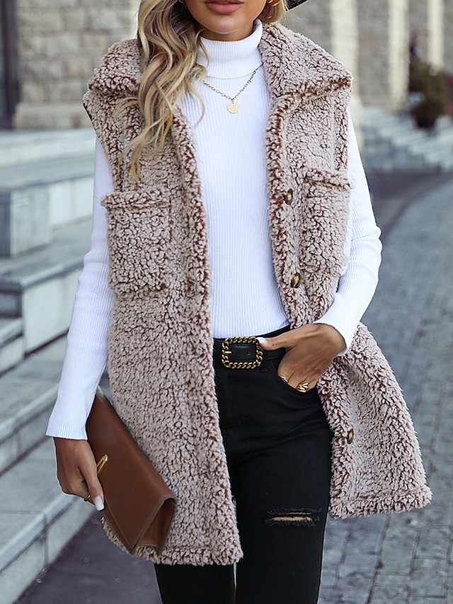Women's Teddy Vests Winter Long Teddy Coat Fleece Sherpa Jacket Lightweight Warm Zipper Vest with Pockets Plain Windproof