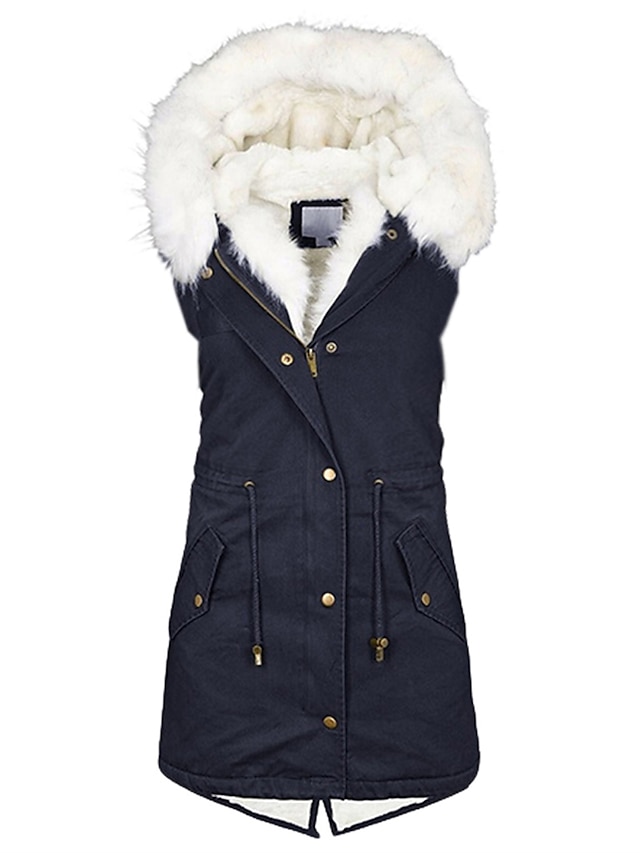 Women's Puffer Vest Fleece Lined Parka Winter Coat Fall Sleeveless Faux Fur Hooded Jacket Warm Windproof Gilet with Pocket Drawstring Zip up Outerwear