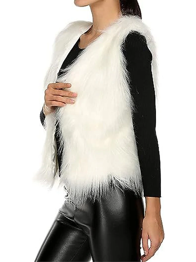 Women's Faux Fur Vest Mink Fur Vest Winter Fleece Gilet Fall Windproof Warm Sleeveless Coat Open Front Jacket Outerwear White Ice Cream