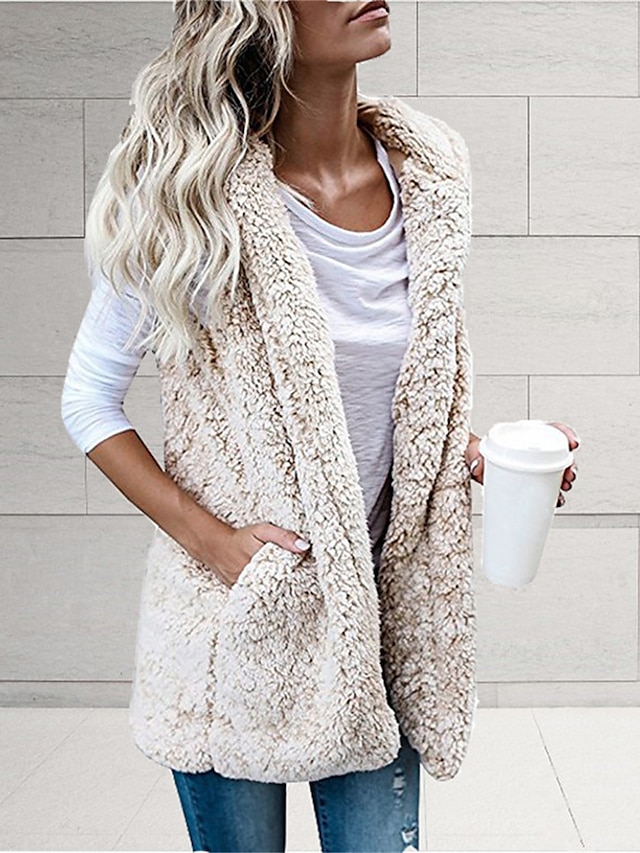 Women's Teddy Vest Warm Cream Teddy Coat with Hood Long Sherpa Jacket with Pocket Cardigan Hoodie Fashion Daily Casual Plain Outerwear Sleeveless