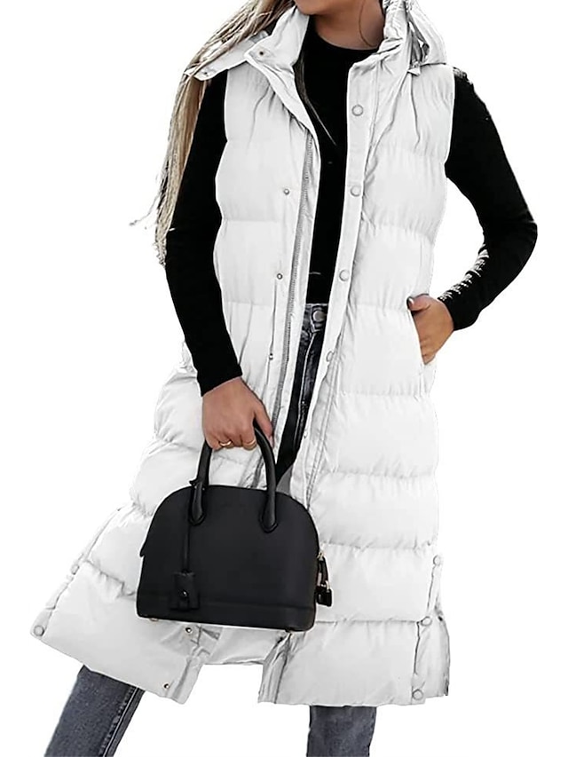 Women's Puffer Vest Long Winter Coat Sleeveless Hooded Jacket Thermal Warm Parka Windproof Gilet Zipper Outerwear Fall