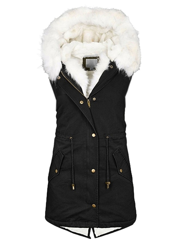 Women's Puffer Vest Fleece Lined Parka Winter Coat Fall Sleeveless Faux Fur Hooded Jacket Warm Windproof Gilet with Pocket Drawstring Zip up Outerwear