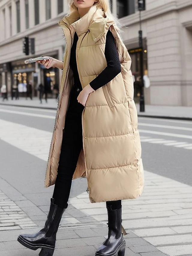 Women's Puffer Vest Winter Long Sleeveless Parka Fall Thermal Warm Puffer Gilet with Tie Belt Windproof Coat Casual Daily Street Style Jacket Fashion Quilted Jacket