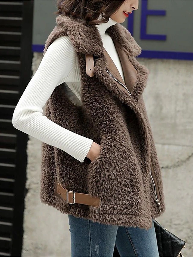 Women's Teddy Vest Fall Warm Zippper Sherpa Jacket Winter Coat with Pockets Warm Windproof Stylish Modern Style Casual Jacket Sleeveless