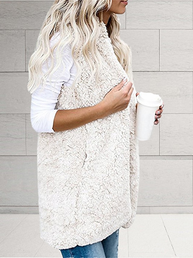 Women's Teddy Vest Warm Cream Teddy Coat with Hood Long Sherpa Jacket with Pocket Cardigan Hoodie Fashion Daily Casual Plain Outerwear Sleeveless
