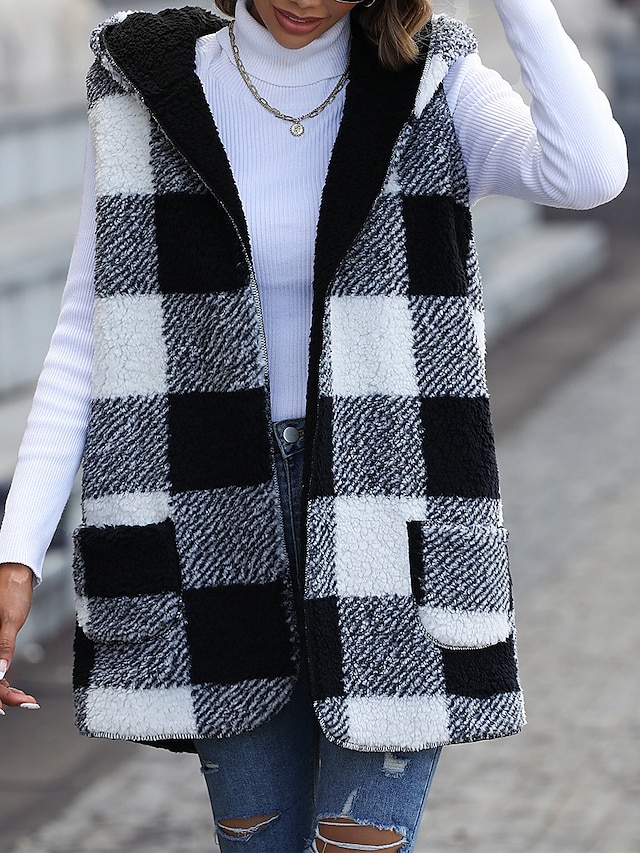 Women's Teddy Vest Fall Fleece Long Teddy Coat Winter Warm Windproof Plaid Jacket with Pockets Zipper Regular Coat Loose Fit Stylish Street Style Jacket Sleeveless Stripes Print Black