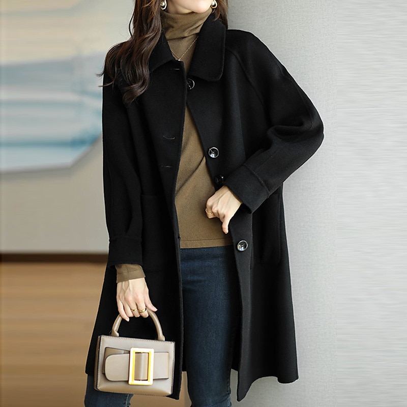 Women's Winter Coat Long Overcoat Single Breasted Lapel Pea Coat Thermal Warm Windproof Trench Coat with Pockets Elegant Outerwear Fall Outerwear Long Sleeve