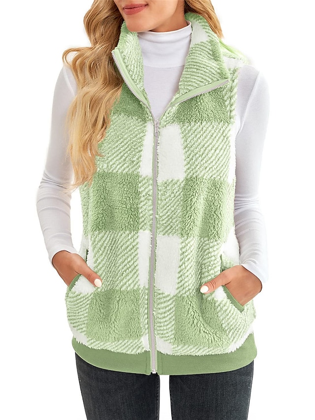 Women's Fleece Jacket Teddy Vest Fall Winter Teddy Coat Short Coat Thermal Warm Stylish Contemporary Sherpa Jacket Modern Style Jacket Sleeveless Stripes and Plaid