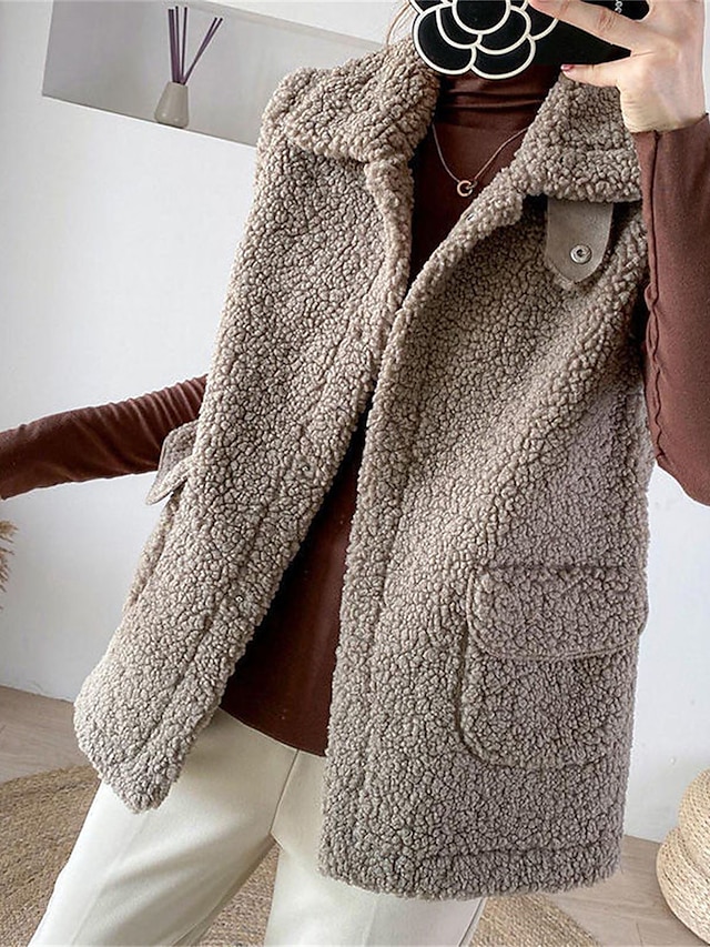 Women's Teddy Vest Winter Sherpa Jacket Winter Crop Coat with Pockets Regular Fit Windproof Warm Stylish Modern Style Plush Jacket Sleeveless Plain Khaki Beige Coffee