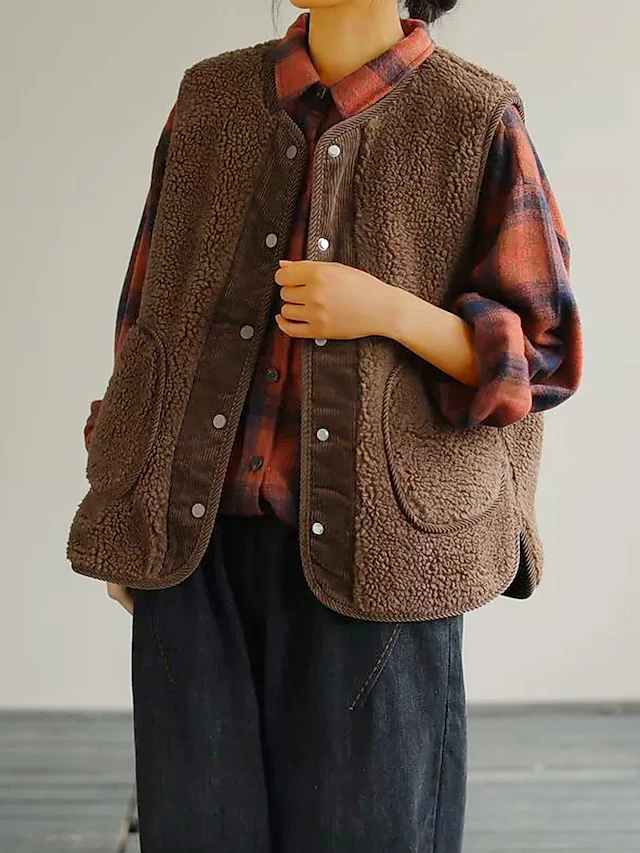 Women's Teddy Vest Winter Fleece Lined Sherpa Jacket Fall Sleeveless Gilet with Pocket Fleece Single Breasted Crewneck Warm Windproof Outerwear