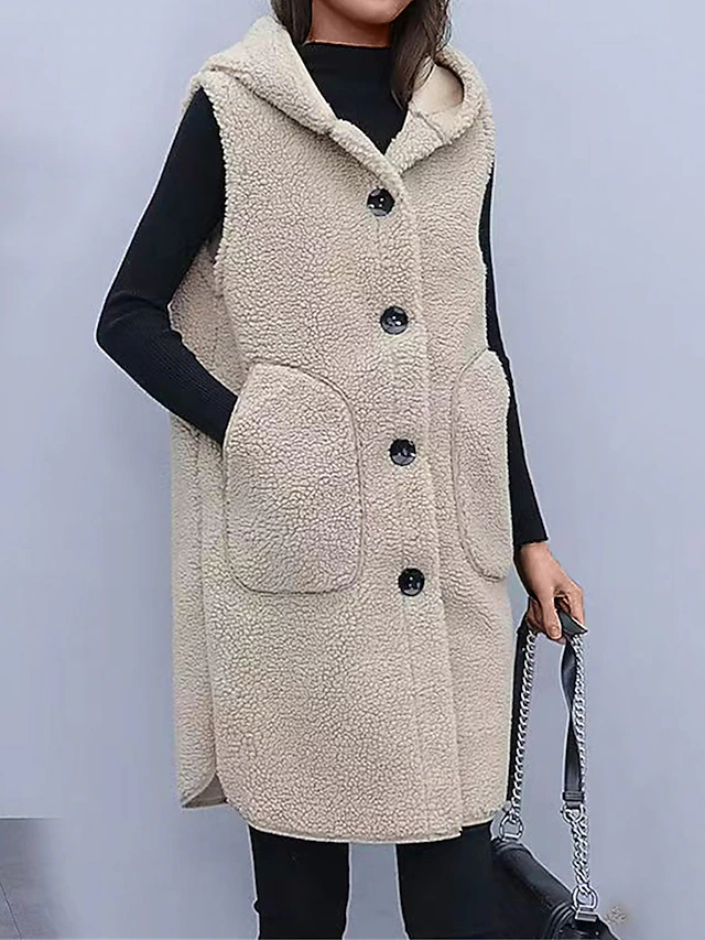 Women's Winter Coat Teddy Vest Fall Winter Long Sherpa Jacket Regular Fit Windproof Warm Contemporary Casual Street Style Jacket Sleeveless Plain with Pockets Wine Apricot