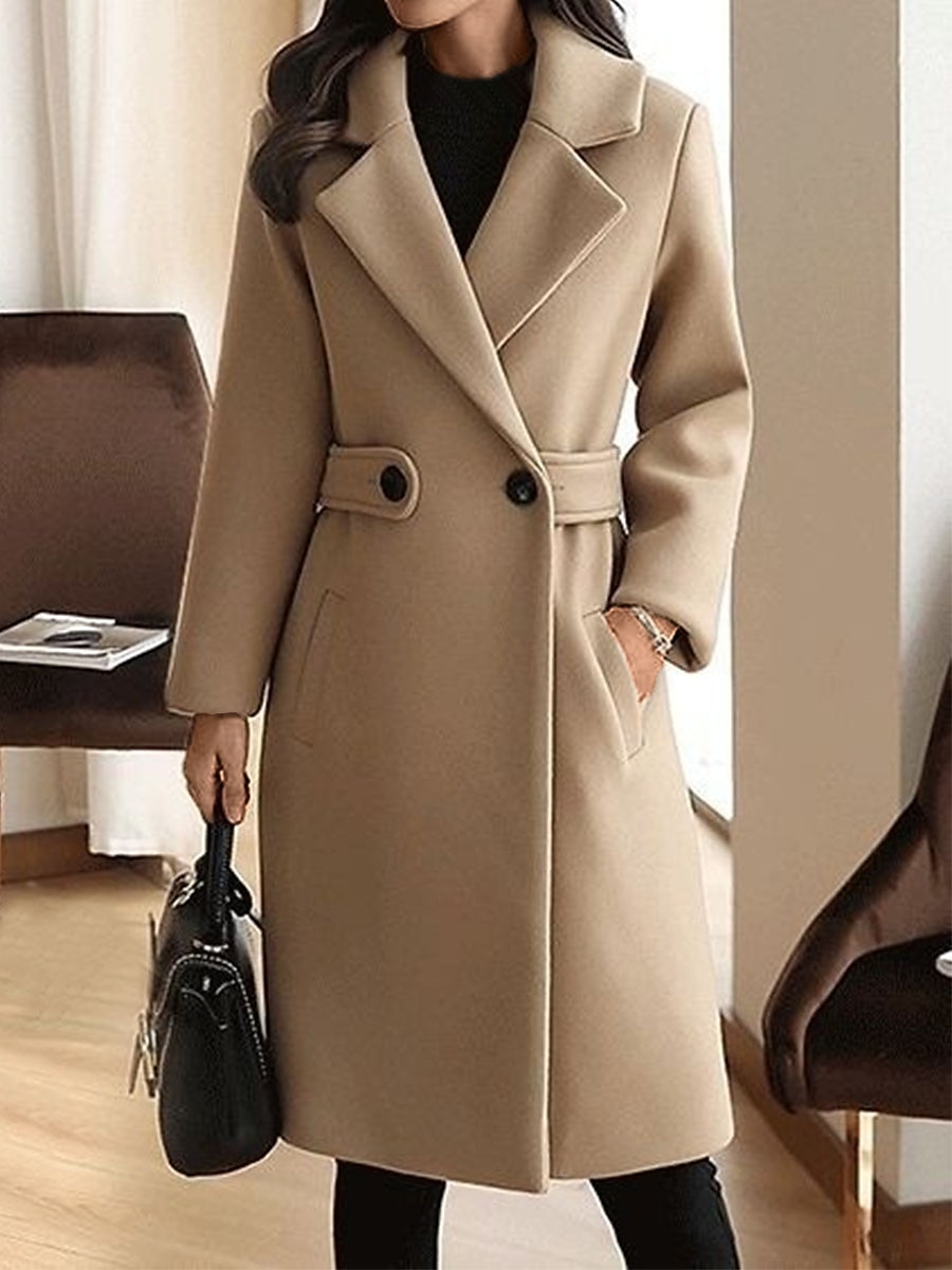Women's Winter Coat Long Pea Coat Lapel Fall Warm Overcoat Maillard Windproof Warm Outerwear with Pockets Trench Coat Comtemporary Stylish Casual Jacket Long Sleeve
