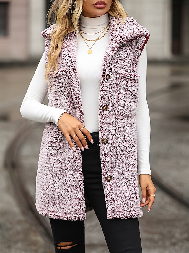 Women's Teddy Vests Winter Long Teddy Coat Fleece Sherpa Jacket Lightweight Warm Zipper Vest with Pockets Plain Windproof