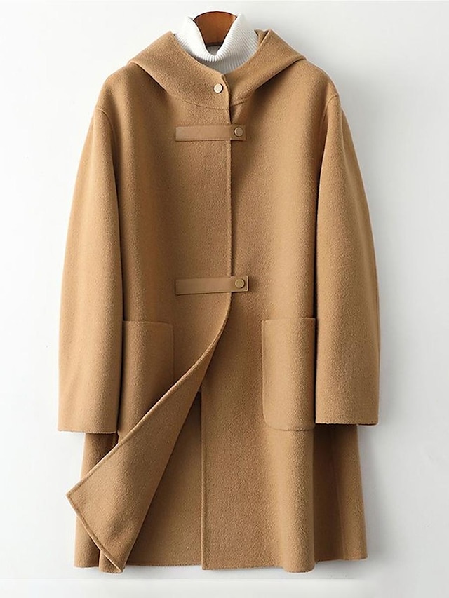 Women's Winter Coat Long Pea Coat Fall Overcoat with Hood Windproof Warm Outerwear with Pockets Single Breasted Lapel Trench Coat Elegant Outdoor Outerwear Long Sleeve