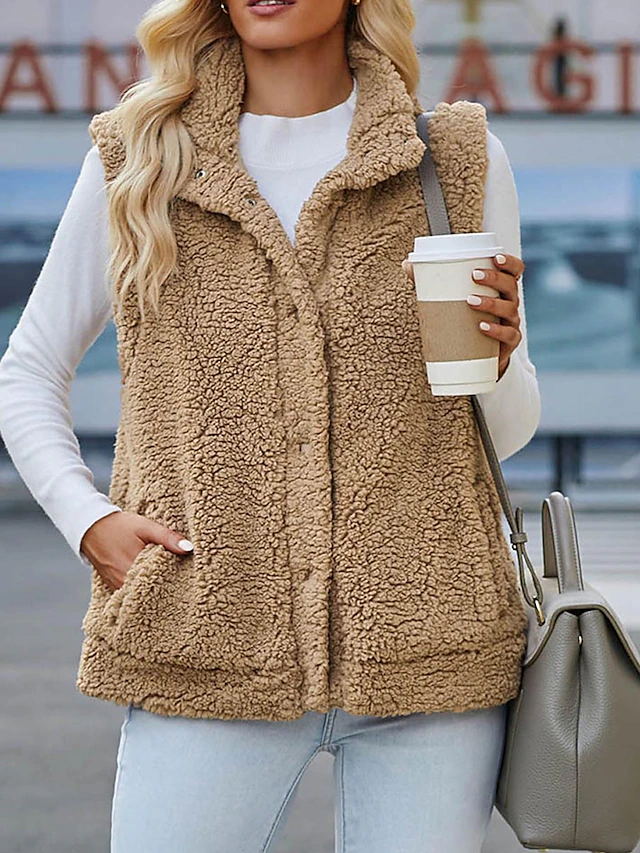 Women's Teddy Vest Fall Fleece Sherpa Jacket Winter Short Coat with Pockets Thermal Warm Windproof Comtemporary Casual Jacket