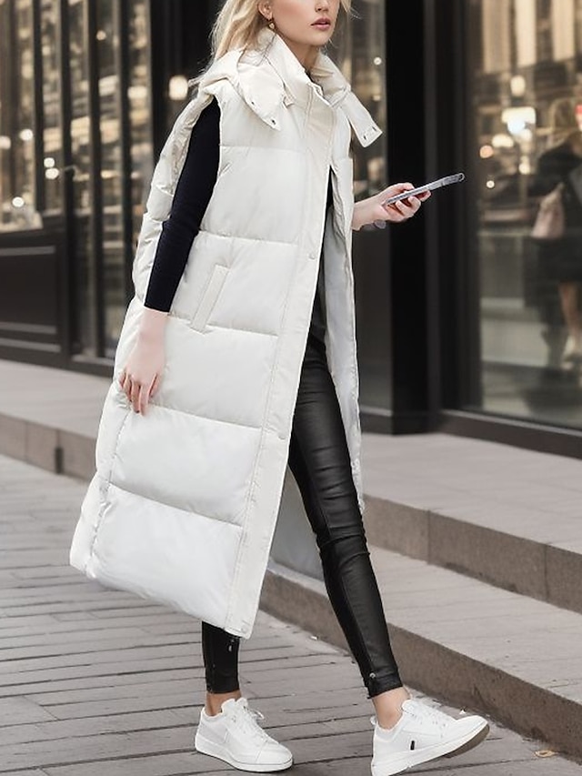 Women's Puffer Vest Winter Long Sleeveless Parka Fall Thermal Warm Puffer Gilet with Tie Belt Windproof Coat Casual Daily Street Style Jacket Fashion Quilted Jacket