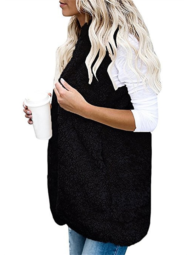Women's Teddy Vest Warm Cream Teddy Coat with Hood Long Sherpa Jacket with Pocket Cardigan Hoodie Fashion Daily Casual Plain Outerwear Sleeveless