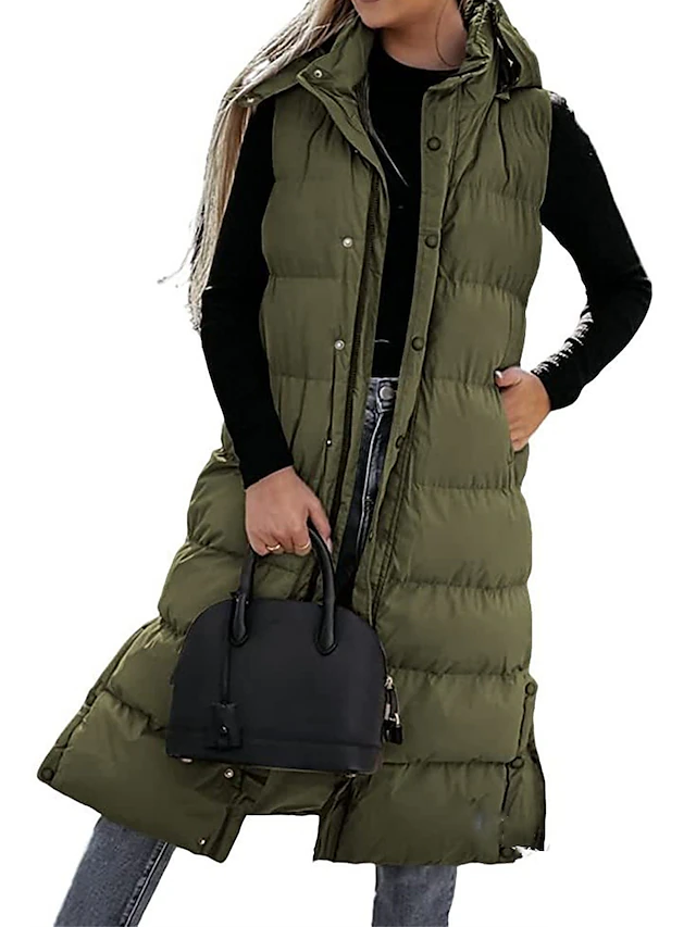 Women's Puffer Vest Long Winter Coat Sleeveless Hooded Jacket Thermal Warm Parka Windproof Gilet Zipper Outerwear Fall