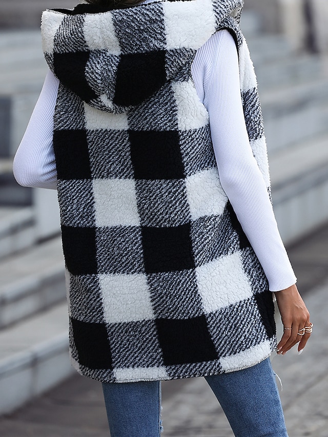 Women's Teddy Vest Fall Fleece Long Teddy Coat Winter Warm Windproof Plaid Jacket with Pockets Zipper Regular Coat Loose Fit Stylish Street Style Jacket Sleeveless Stripes Print Black