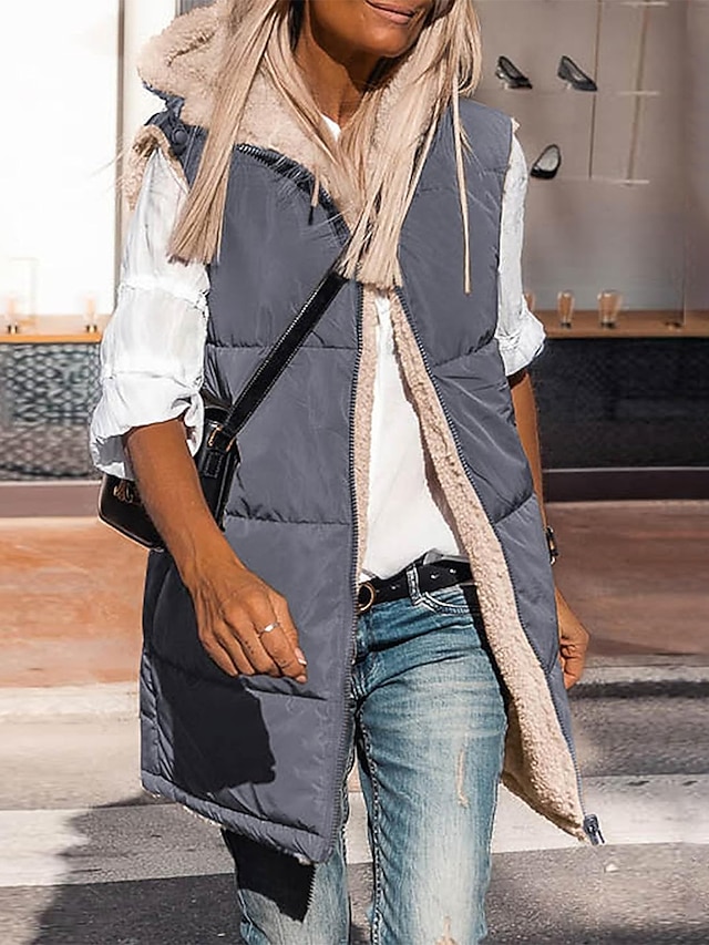 Women's Puffer Vest Winter Long Teddy Parka with Hood Reversible Fleece Sleeveless Warm Windproof Street Daily Wear with Pockets Fall Zip up Coat Comtemporary Stylish Jacket