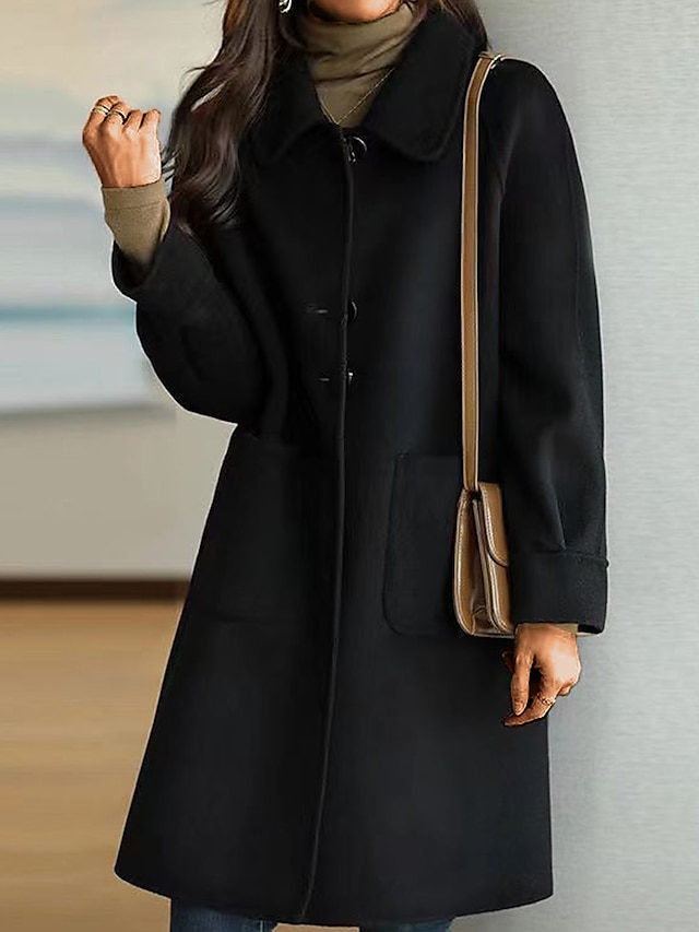 Women's Overcoat Winter Coat Mid Length Trench Coat Thermal Warm Windproof Pea Coat Fall Single Breasted Lapel Elegant Lady Coat Classic Cream Jacket Long Sleeve