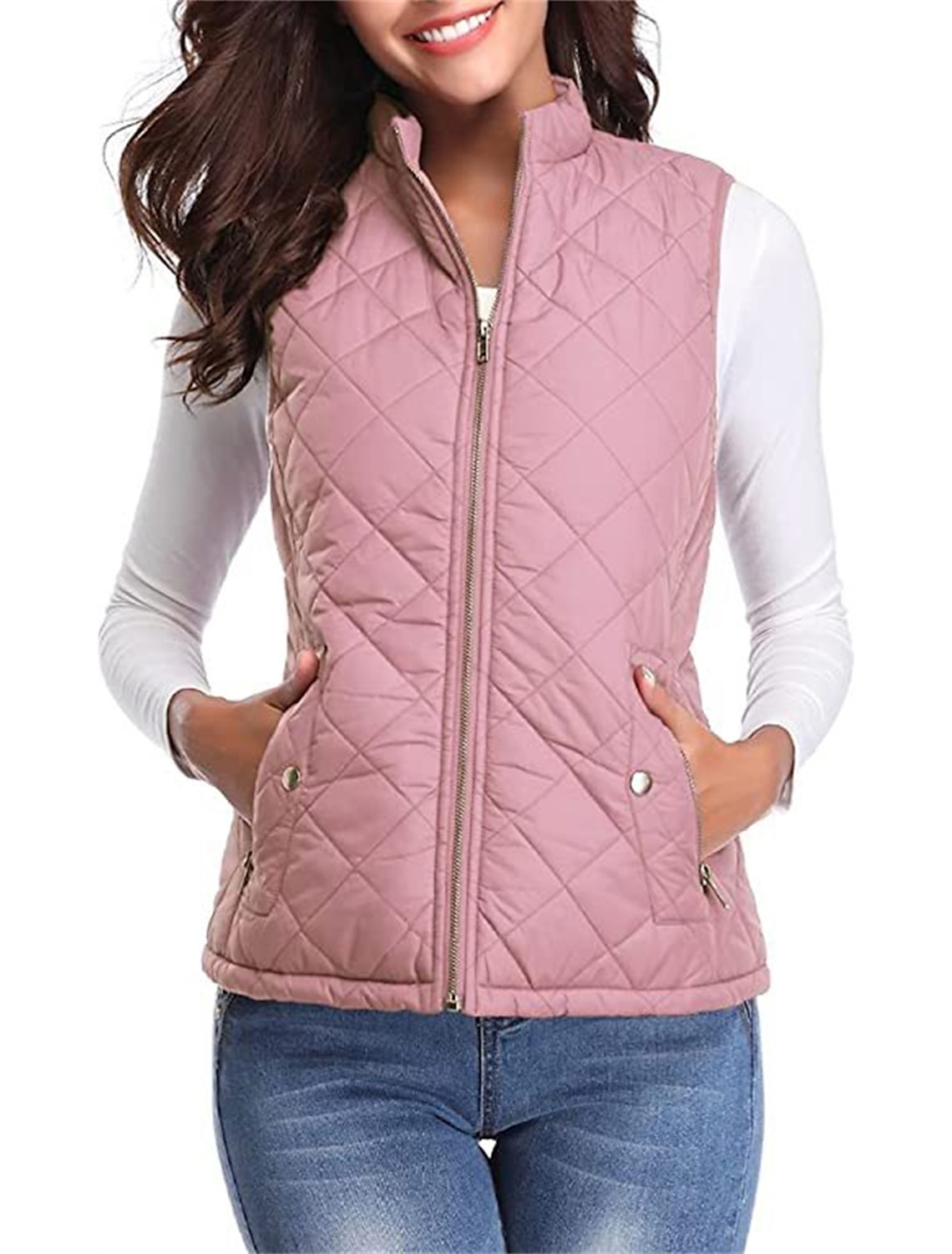 Women's Quilted Vest Crop Sleeveless Winter Coat Lightweight Puffer Gilet Warm Windproof Outerwear with Pockets Zip up Fall Street Casual Jacket