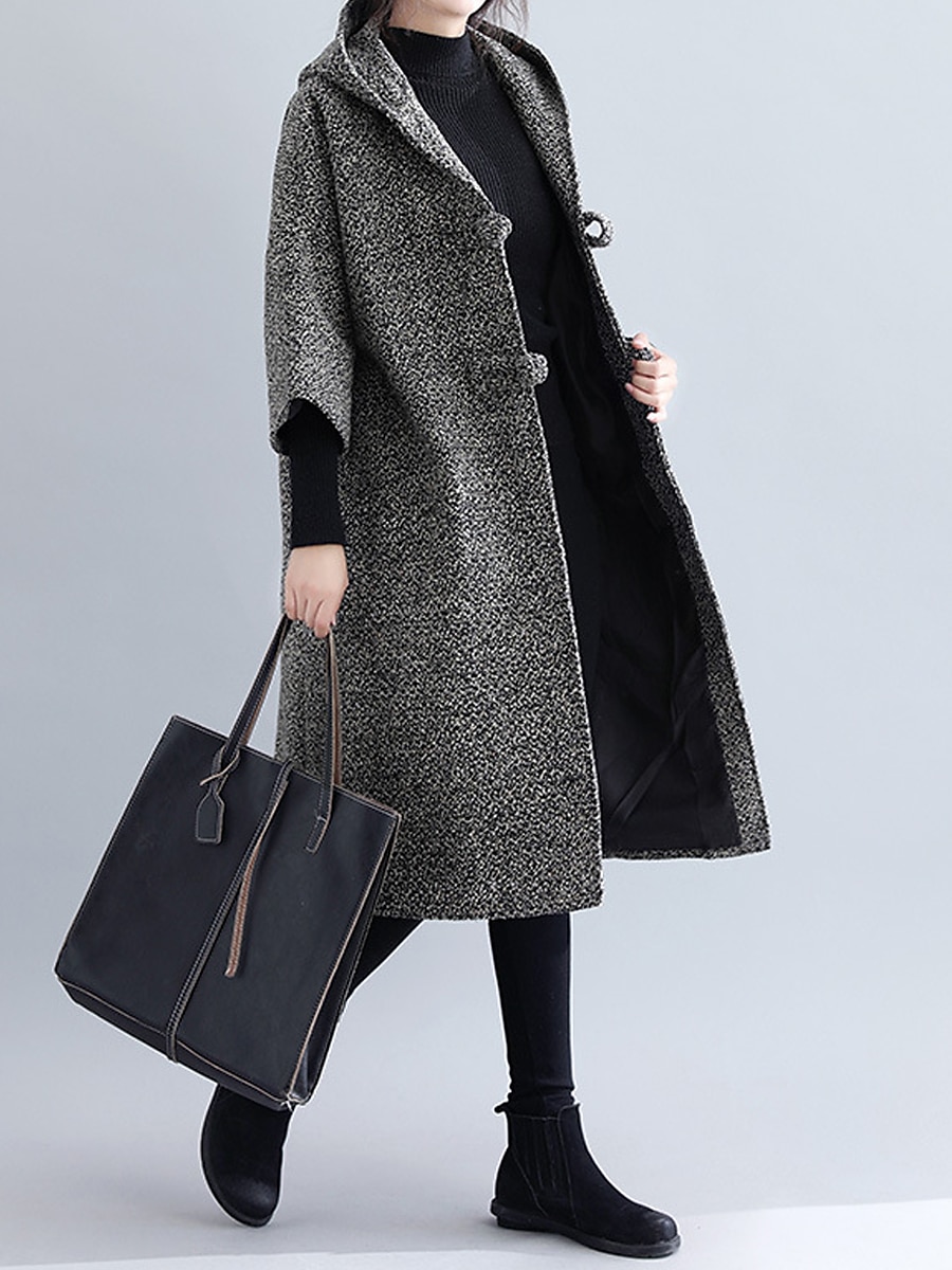 Women's Wool Blend Coat Winter Long Overcoat Single Breasted Pea Coat with Hood Fall Windproof Warm Trench Coat Jacket with Pockets Oversized Fashion Daily Casual Street Outerwear Long Sleeve