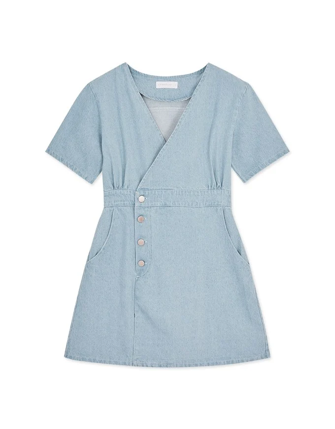 V Neck Denim Flare Mini Dress