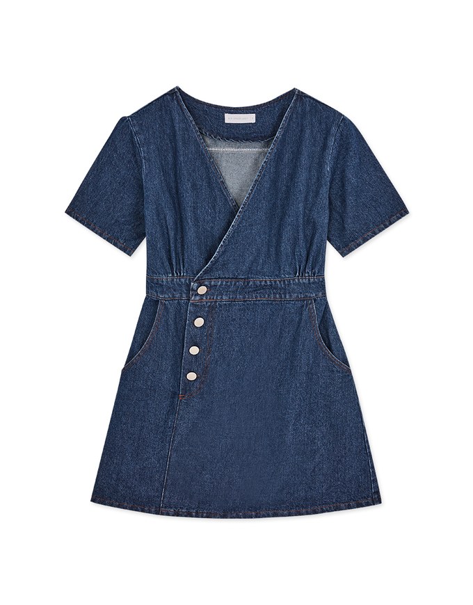 V Neck Denim Flare Mini Dress